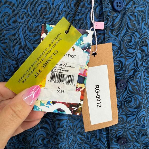 Robert Graham Woven Button Front Long Sleeve Bogart Navy Blue Black Damask M - Picture 3 of 9